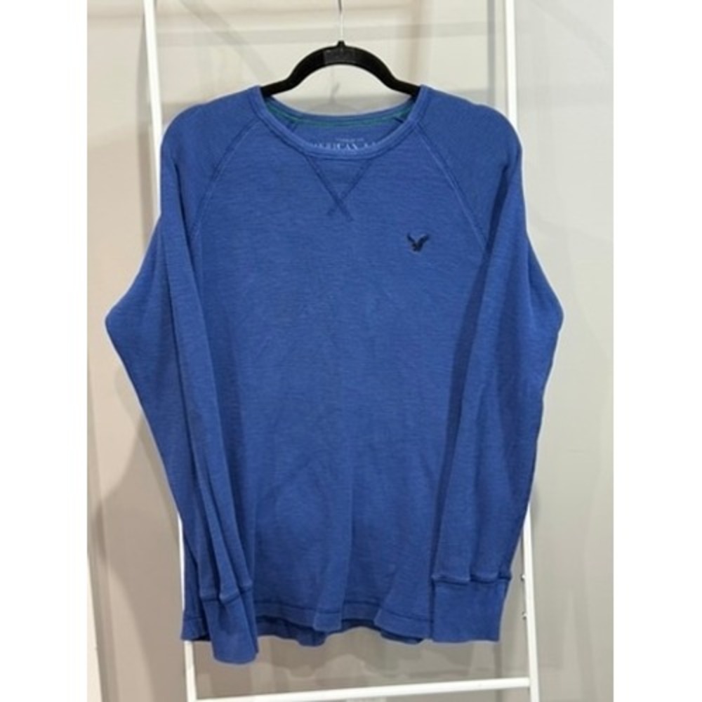 American Eagle Mens Blue Waffle Knit Thermal Shirt L Raglan 100% cotton Casual